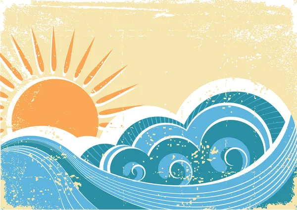 グランジの海の波。海の風景のビンテージ ベクトル イラスト — ストックベクタ