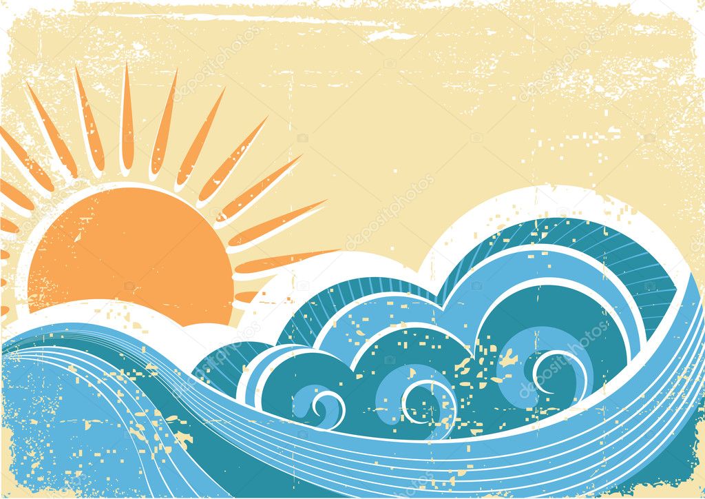 Grunge sea waves. Vintage vector illustration of sea landscape