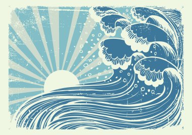 Storm in blue sea.Vectorgrunge image of big waves in sun day clipart