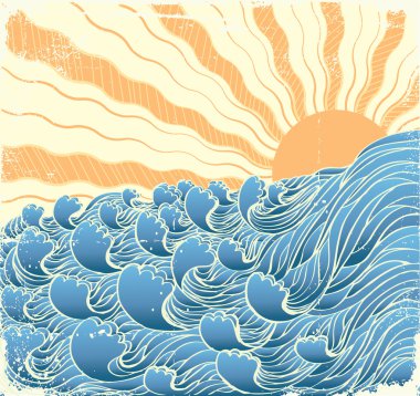 Deniz dalgaları. Güneş, deniz yatay vectorgrunge çizimi