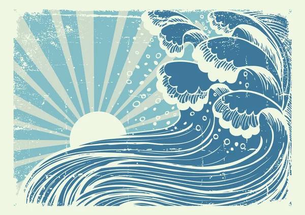 Storm in blue sea.Vectorgrunge image of big waves in sun day — Stock Vector
