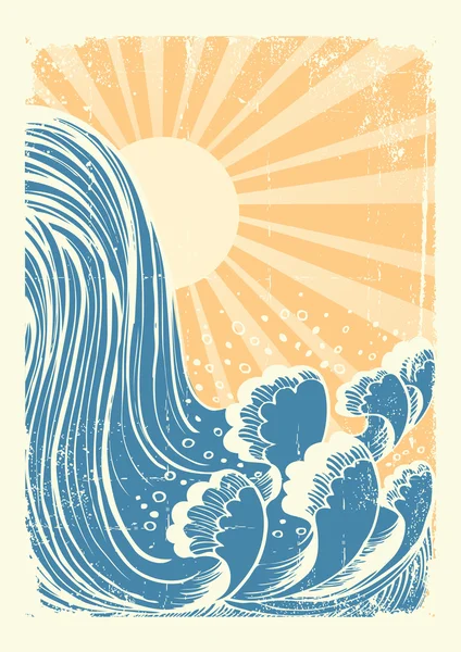 Waterfall. Vector grunge blue water waves background with sun — стоковый вектор