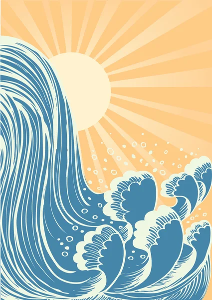 Cascade. Vecteur bleu vagues d'eau fond avec soleil — Image vectorielle