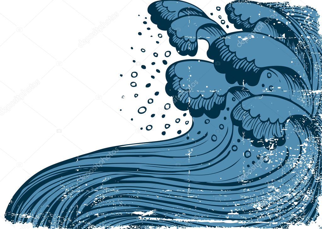 Storm in blue sea.Vector big waves on white grunge background
