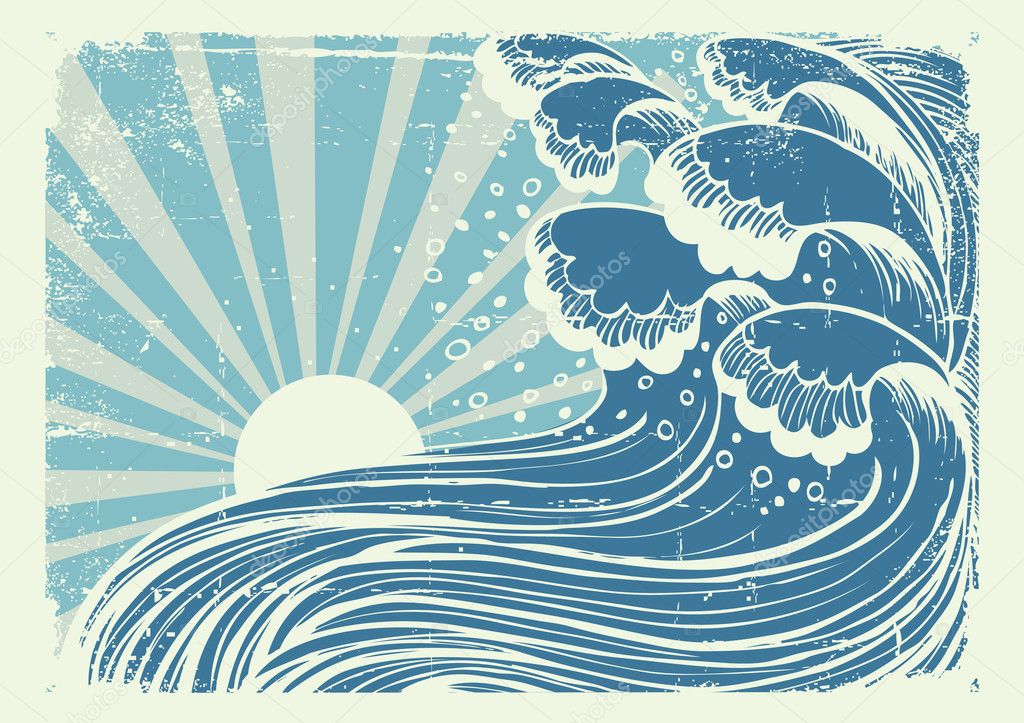 Storm in blue sea.Vectorgrunge image of big waves in sun day