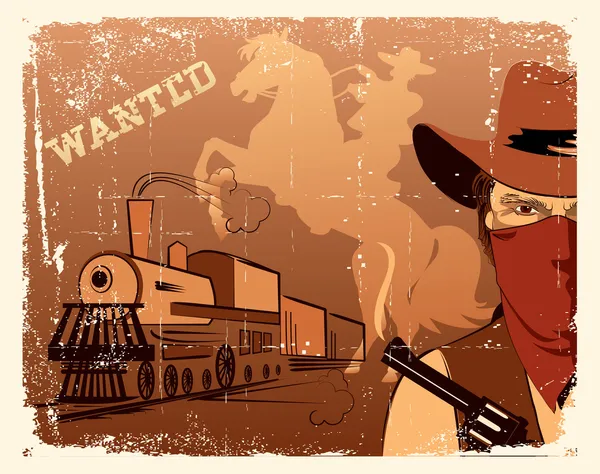 Vector cowboy and train. Western grunge poster — Stock Vector