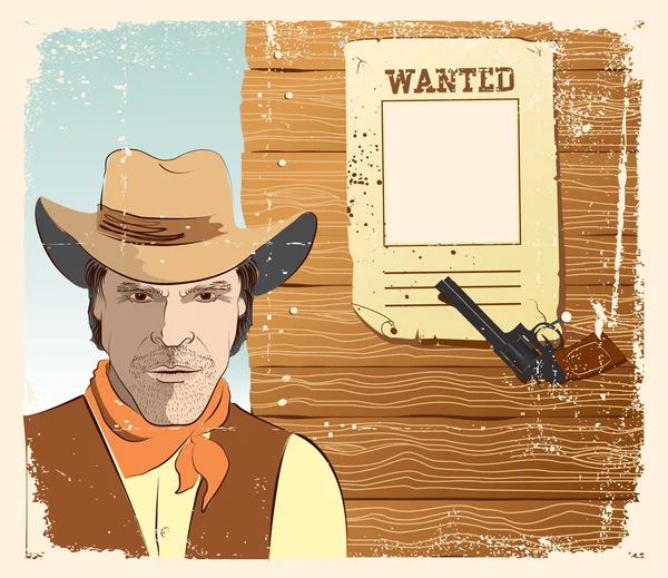 Cowboy and gun. Grunge image with wanted paper — Stock Vector