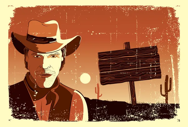 Portrait of cowboy man.Vector grunge western poster — Stock Vector