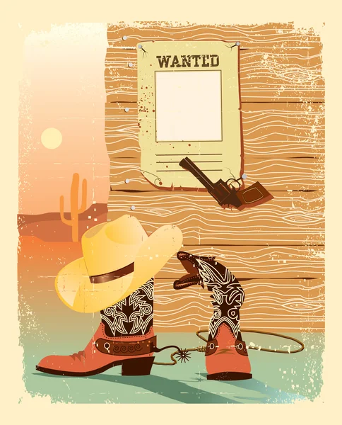 Cowboy västra liv. speciella skor och pistol för cowboy.grunge wester — Stock vektor