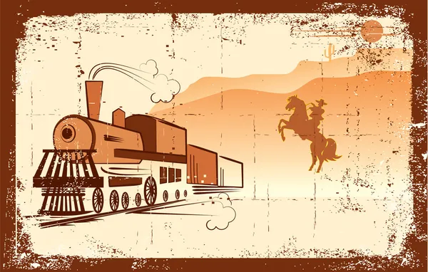 Vector cowboy and locomotive. Western bandit life — Stock Vector