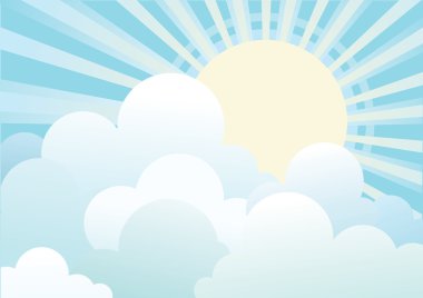 Sun and blue sky with beautifull clouds.Vector image clipart