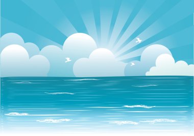 Sun and blue sky with beautifull clouds.Vector image clipart