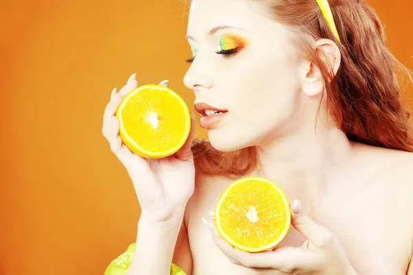 Stylowa Dziewczyna Serii Studio Żywe Pomarańczowy Makijaż — Zdjęcie stockowe