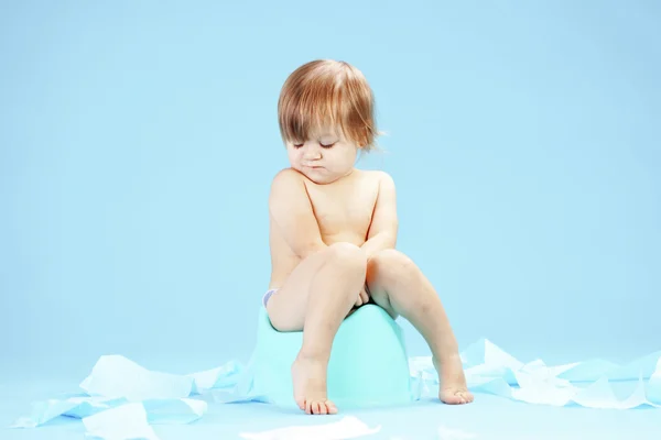 Studio Shot Funny Toddler Sitting Potty Chair — Zdjęcie stockowe