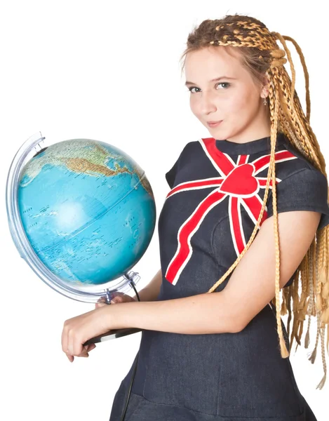 stock image Lady in jean dress with globe.