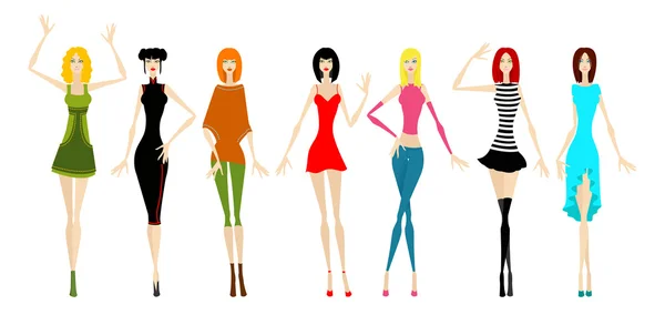 Sedm krásných dívek v různých oblečení — Stockový vektor