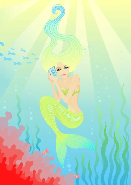 Gyönyörű mermaid héj kezében — Stock Vector