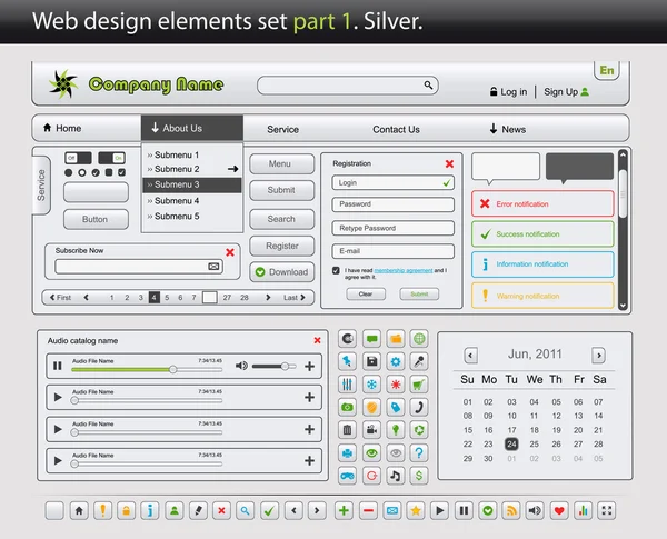 Web design elements set. Part 1. Silver. — Stock Vector