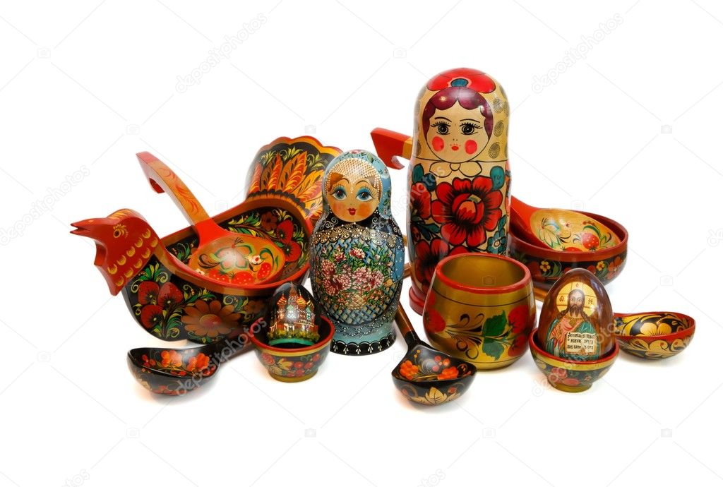 Russian wooden toys, utensils ans religious objects