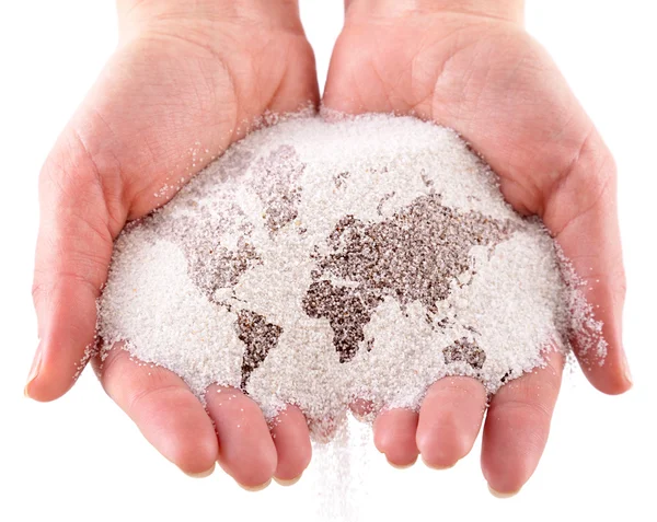 Sand with map of the world in the hands — Stock Photo, Image