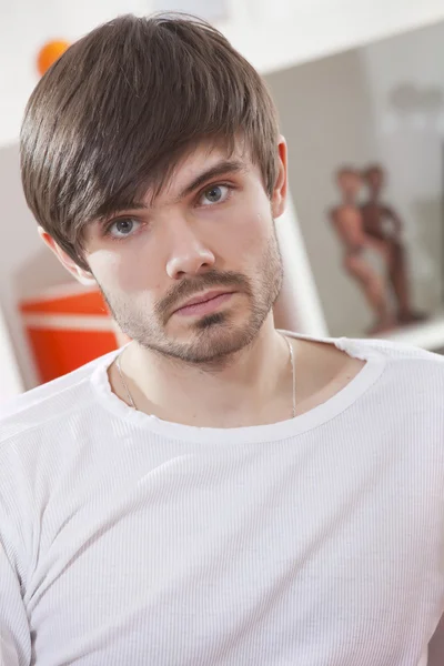 Portrait Young Man White Shirt Home — Stock Photo, Image