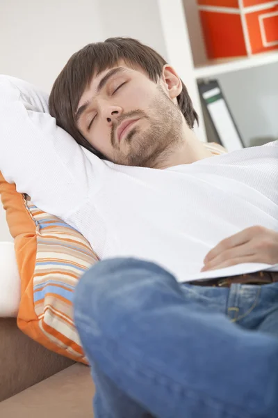 Young Man Sleeping Sofa His Apartment — Stock Photo, Image
