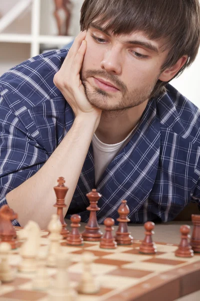 Recreation Home Man Bathrobe Playing Chess — Stock Photo, Image