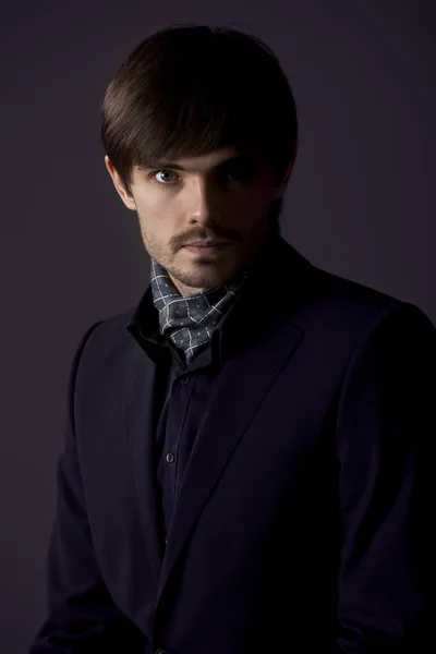 Portrait Fashion Man Half Face Shadow Grey Background — Stock Photo, Image