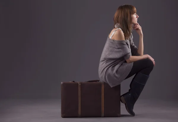 Sad Woman Sitting Old Suitcase Waiting — Stock Photo, Image