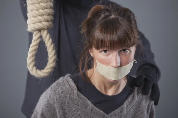 Kidnapped Woman Hangman Noose Grey Background — Stock Photo, Image