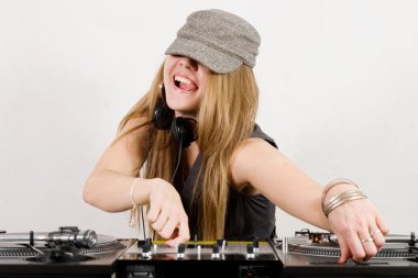 Female DJ adjusting sound level and pitch clipart