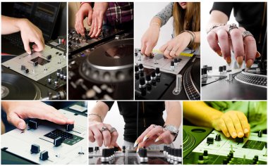 Collage with hands of djs clipart