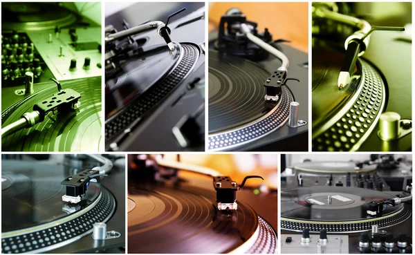 Collage de tocadiscos tocando discos de vinilo — Foto de Stock