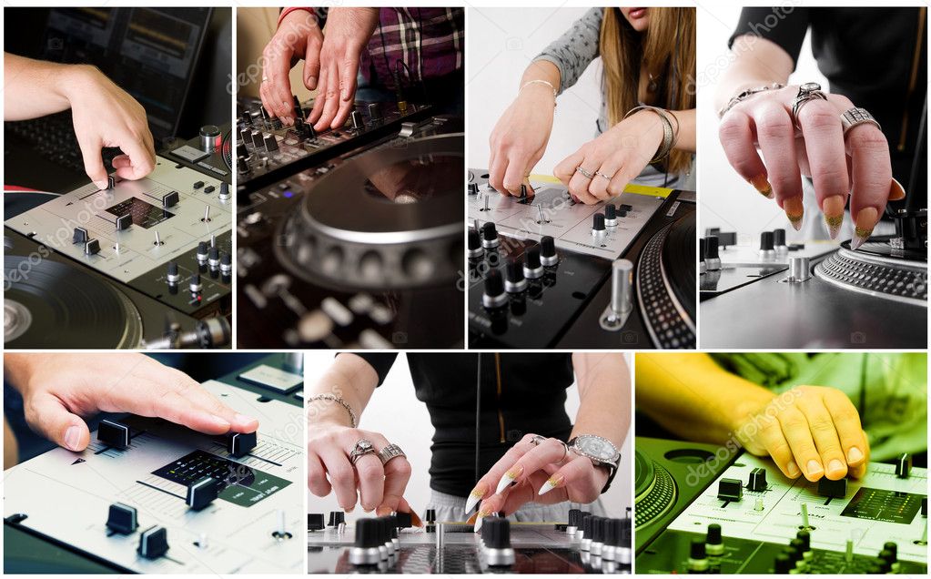 Collage with hands of djs
