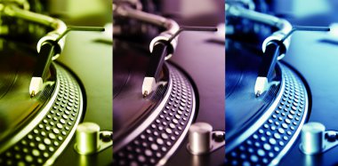 Three colored turntable record players clipart
