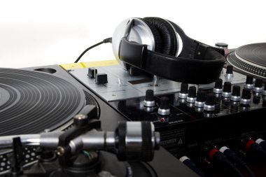 Headphones, sound mixer and turntables clipart