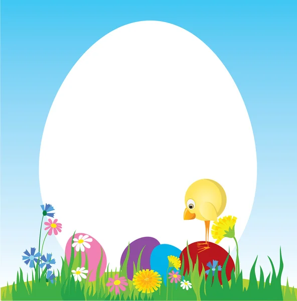 复活节彩蛋和鸡的草坪上 — 图库矢量图片