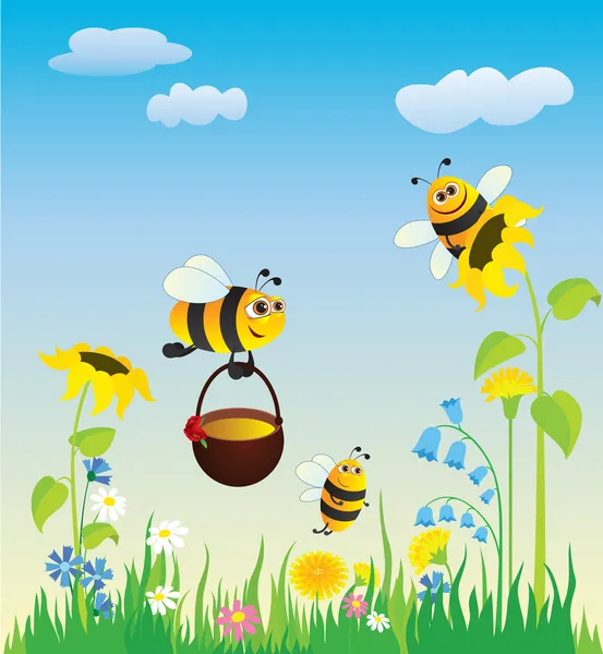 開花の牧草地との収集蜂を蜂蜜します — ストックベクタ