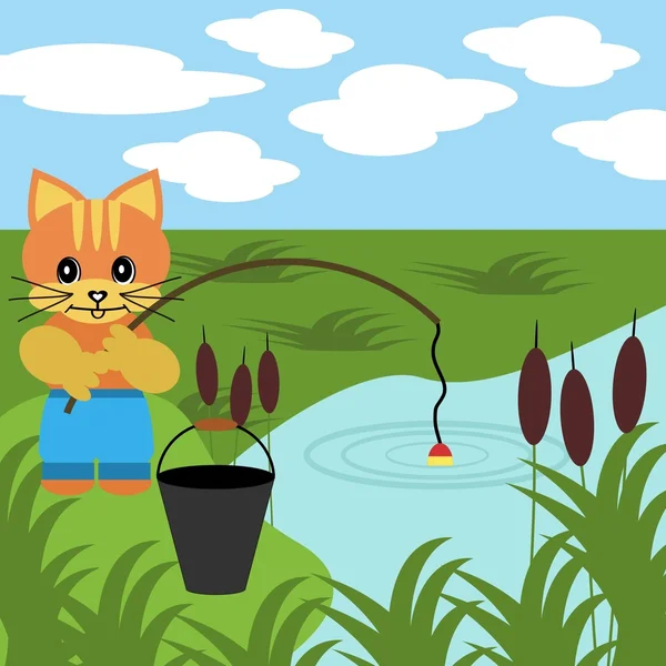 Lindo gato de pesca — Vector de stock
