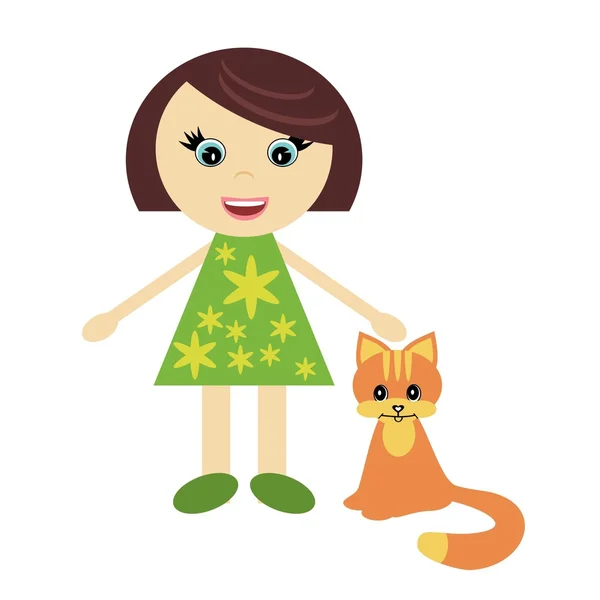 Trevlig liten flicka med ingefära katt — Stock vektor