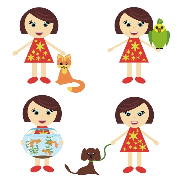 Vier nette Mädchen mit Haustieren — Stockvektor