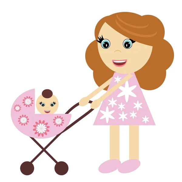 Trevlig tjej med barnvagn — Stock vektor
