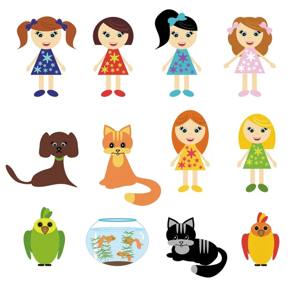 Girls and pets on white — Stock Vector