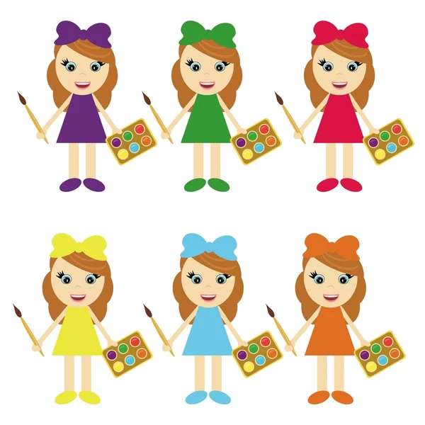 Seis chicas con pinturas en vestidos de color — Vector de stock