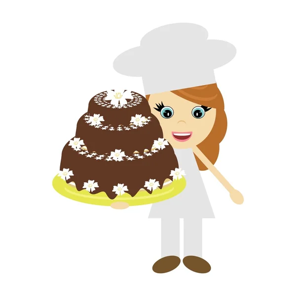 女孩厨师与大蛋糕 — 图库矢量图片