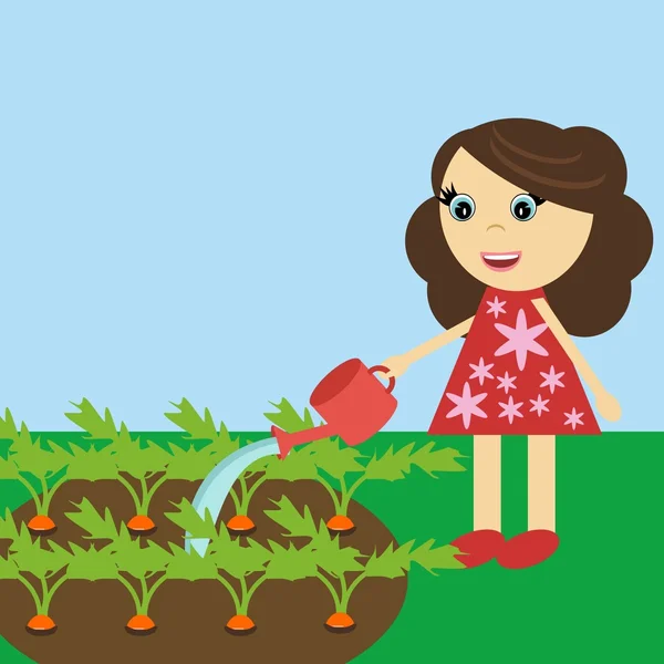Girl watering carrot — Stock Vector