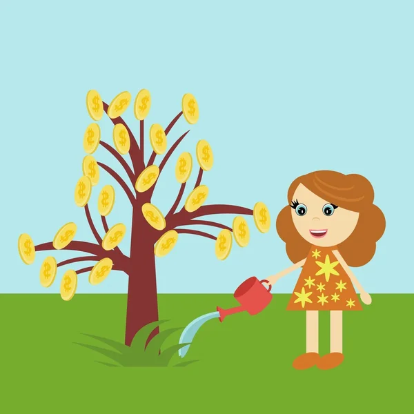 女孩浇水钱树 — 图库矢量图片