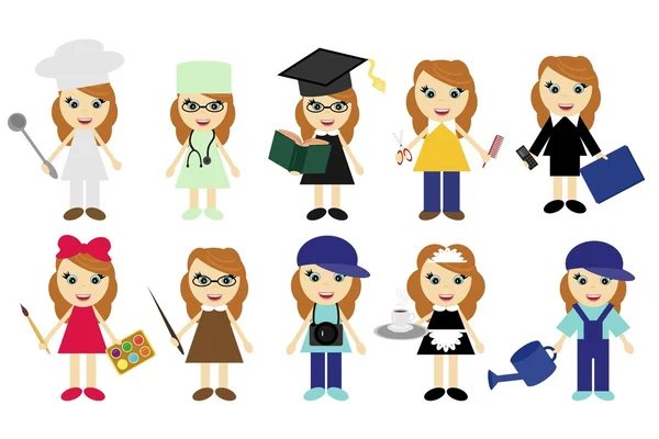 Junge Frauen in zehn verschiedenen Berufen — Stockvektor