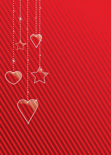 赤い縞模様の背景に光沢のあるハートの形のベクトルの招待カード — ストックベクタ