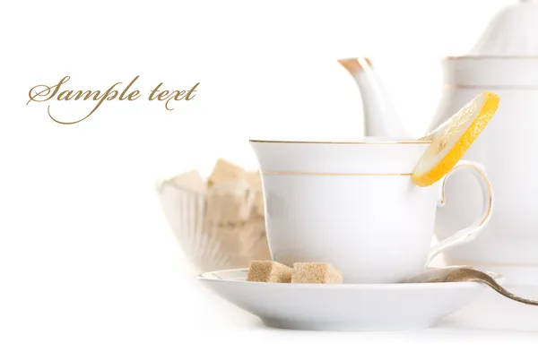 Ízletes Tea Citrommal Cukorral Elszigetelt Felett Fehér — Stock Fotó